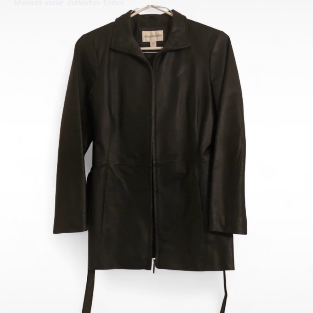 Worthington Black Leather Jacket Zip Front Belted Mid Length Coat